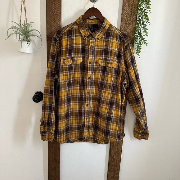 Y2K George Men’s XL Plaid Button-Up Flannel Shirt Yellow and Brown Pockets - Picture 3 of 15